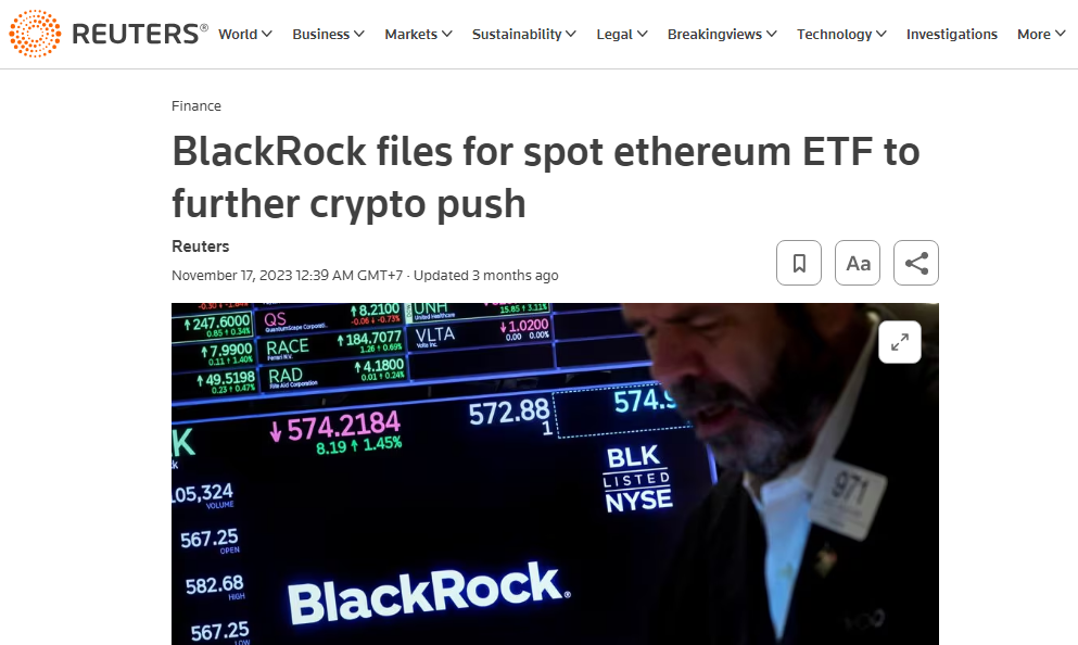 BlackRock nộp đơn để có Ethereum Spot ETF.